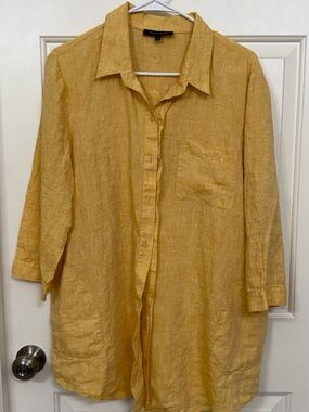 Lafayette 148 Yellow Linen Button-Front Longline Shirt - Large